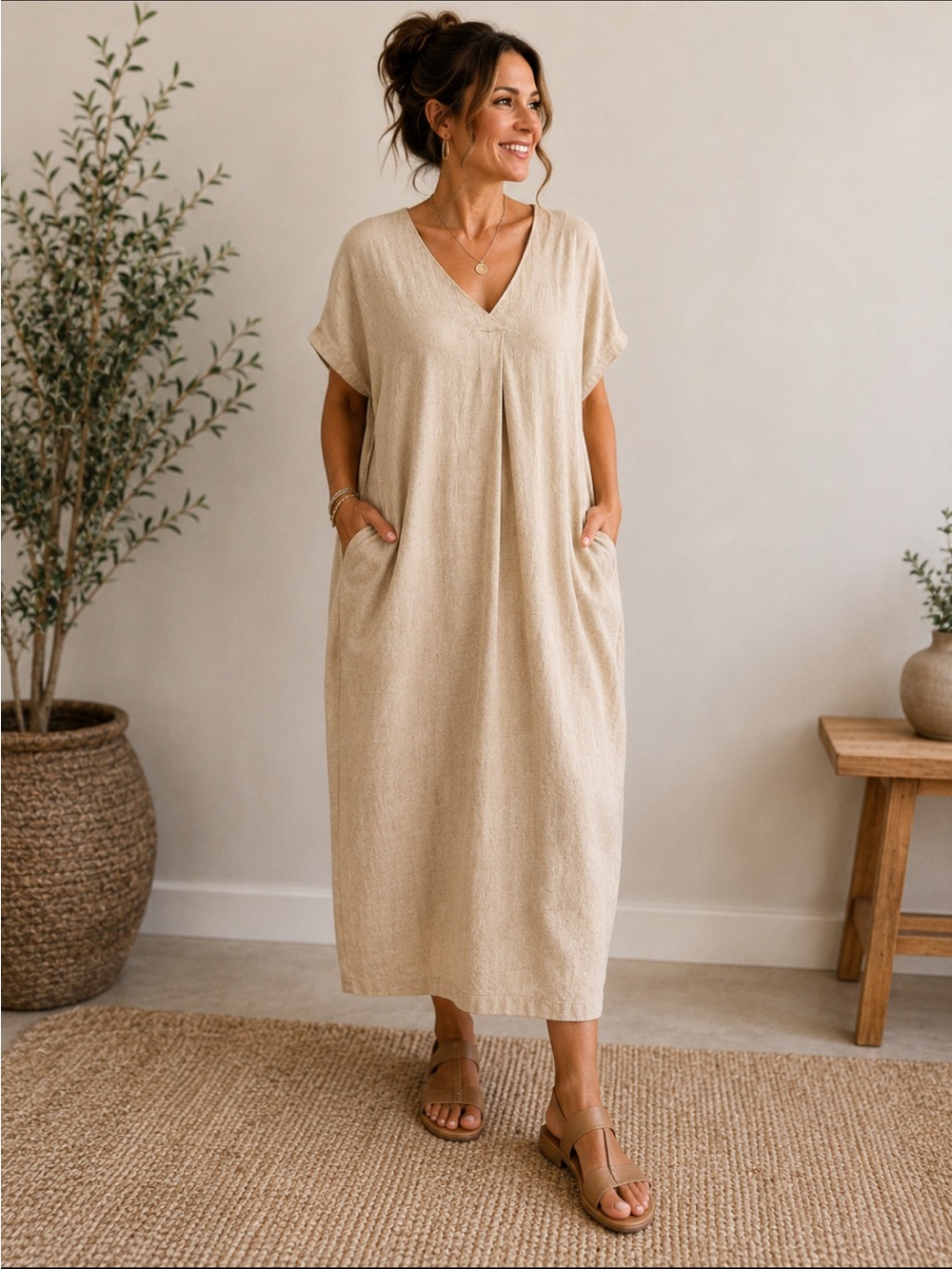 CP with Love P Cill Linen Blend Midi Caftan Dress Beige V-Neck Size Medium